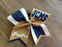 Load image into Gallery viewer, Gold Glitter Cheer bows with Combination Tails
