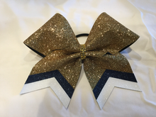 Load image into Gallery viewer, Gold Glitter Cheer bows with Combination Tails