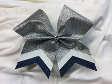 Load image into Gallery viewer, Silver Glitter Cheer Bows with Combination Tails
